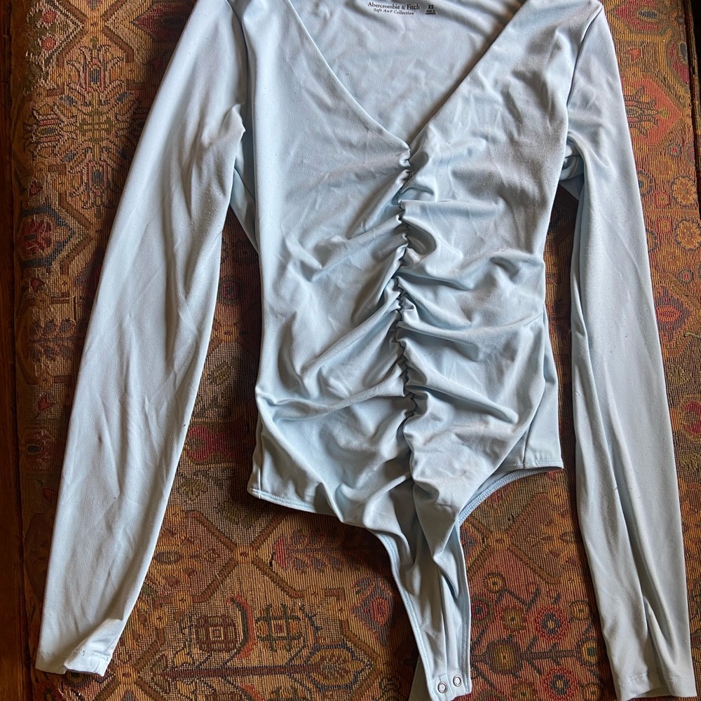 Women's Light Blue Ruched Long Sleeve bodysuit